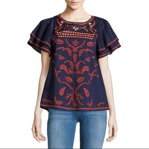 Parker Mara Embroidered Flutter Sleeve Cotton Top